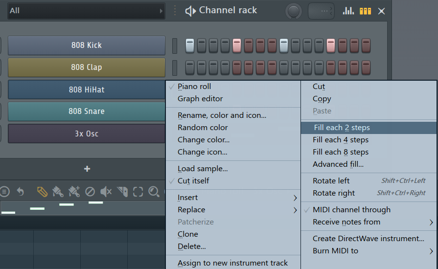 step sequencer contextual menu selecting "Fill Each 2 Steps"