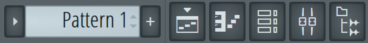 Pattern selector dropdown menu showing "Pattern 1", Playlist button, Piano Roll button, Channel Rack button, Mixer button, and Browser button